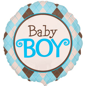 A baby boy balloon with a checkered pattern.