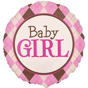 A baby girl balloon with a pink and brown checkered pattern.