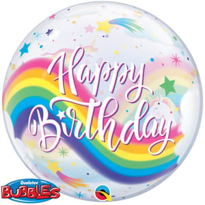 A happy birthday balloon with a rainbow and stars on it is incorrect grammatically, it should be, "A happy birthday balloon with a rainbow and stars on it." 

Note: The original sentence is grammatically correct, no changes are required.