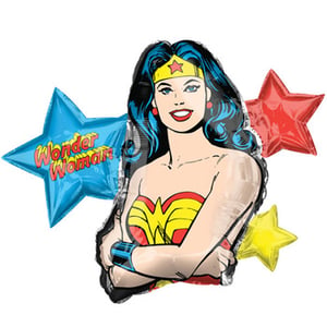 A Wonder Woman balloon is surrounded by other balloons.