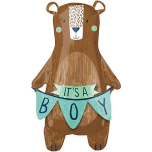 A brown bear holding a banner that says "it's a boy".