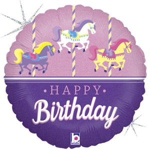 A birthday balloon with a merry-go-round on it.