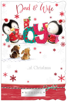 A Dad and Wife Christmas card, with two penguins and two dogs.