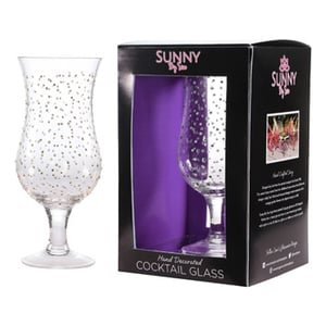A sunny, hand-decorated cocktail glass in a box.