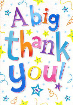 A colorful thank you card with stars and confetti.