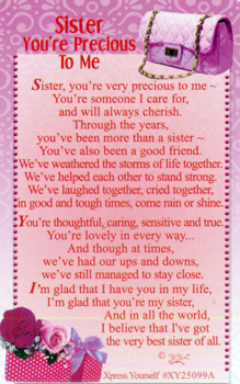 A card that says "Sister, you're precious to me."