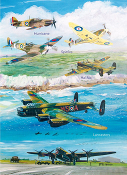 A painting of Hurricane, Spitfire, Halifax, and Lancaster planes.