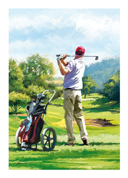 A painting of a man swinging a golf club on a golf course.
(No grammatical errors)