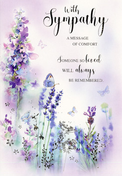 A sympathy card with purple flowers and butterflies.