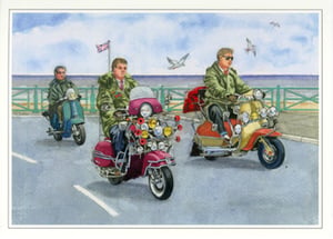 A painting of three men riding scooters down a road.