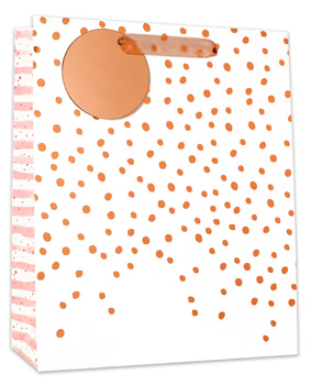 A white bag with orange polka dots on it.
(The sentence is already grammatically correct.)