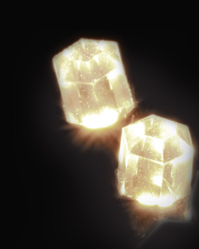 A pair of glowing cubes against a black background.