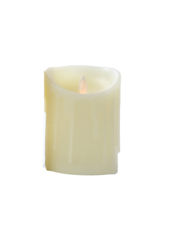 A white candle with a flame is on a white background.
