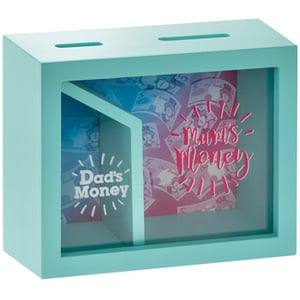 A blue and pink piggy bank that says "Dad's money".