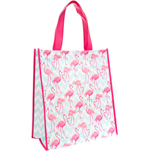 A white tote bag with pink flamingos on it.