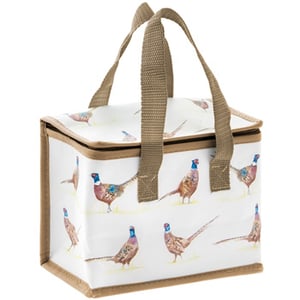 There are no grammatical errors in the sentence "a small white bag with pheasants on it."