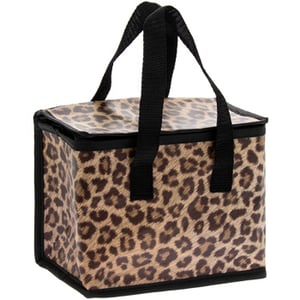 A small leopard-print bag with black handles.