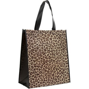 A tote bag with black handles in leopard print.