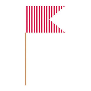 A red and white-striped flag on a stick on a white background.
