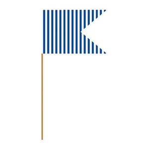 A blue and white striped flag on a stick on a white background.