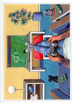 A painting of a man playing a video game with a can of Coors Light in the background.