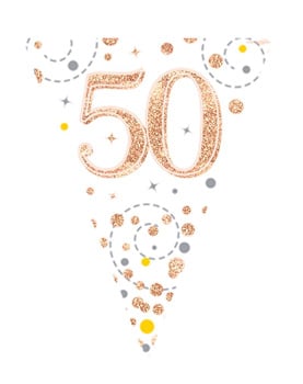 The number 50 is surrounded by confetti and stars on a white background.