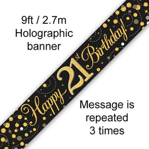 A black and gold banner that says "Happy 21st birthday."