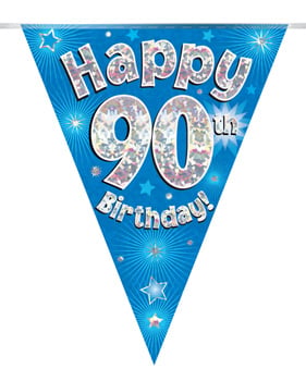 A blue banner that says "Happy 90th Birthday."