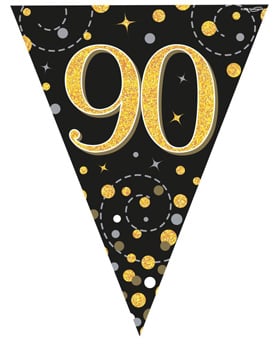A black and gold flag with the number 90 on is.