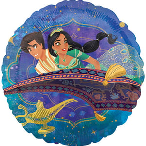 A balloon with Jasmine and Aladdin on it.