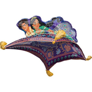 A balloon of Aladdin and Jasmine is flying on a magic carpet.