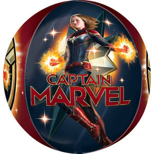 A Captain Marvel balloon with a woman in a superhero costume.