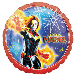 A Captain Marvel balloon with a woman in a superhero costume.