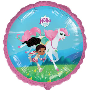 A balloon with Nella the Princess Knight and a girl on a horse.