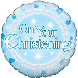 A blue balloon that says "on your christening."