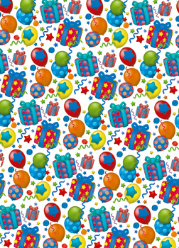 A pattern of gift balloons and stars on a white background.