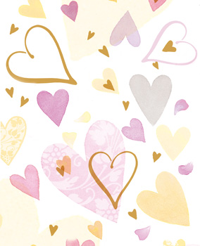 A pattern of pink and yellow hearts is on a white background.