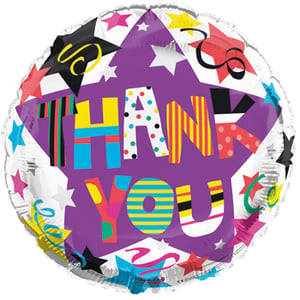 A purple thank-you balloon with stars and ribbons.