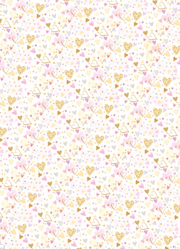 A seamless pattern of pink, white, and gold hearts on a white background.