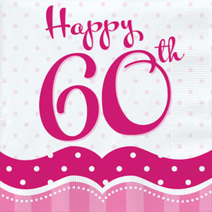 A pink napkin that says "happy 60th" on it.