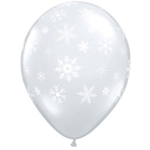 A clear balloon with white snowflakes on it.