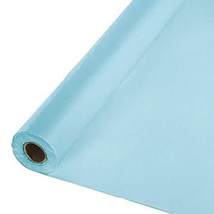 A roll of light blue plastic wrap is on a white background.