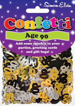 A bag of confetti that says "age 90" on it.