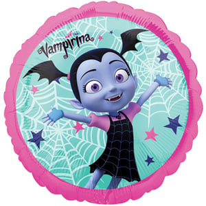 A pink balloon with Vampirina on it.
Note: The sentence is grammatically correct and does not require any changes.