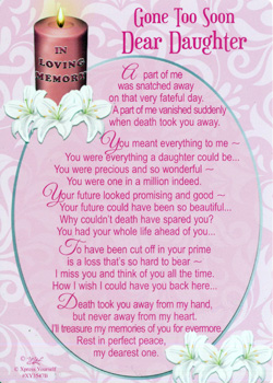 A card that says "gone too soon, dear daughter."