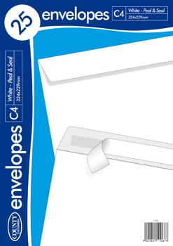 Ensure your important documents arrive safely and professionally with our 25 Pack C4 Peel And Seal White Envelopes from County Paper. Perfect for sending A4 documents unfolded, these crisp white envelopes measure 324x229mm, offering ample space and a smart appearance.

The convenient peel and seal closure provides a secure, hassle-free way to send your mail, saving you time and ensuring peace of mind. Ideal for businesses, offices, or home use, this pack of 25 high-quality envelopes combines practicality with a clean, professional finish. Trust County Paper for your everyday mailing needs.