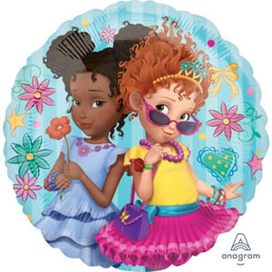 A Fancy Nancy balloon shows two girls standing next to each other.
