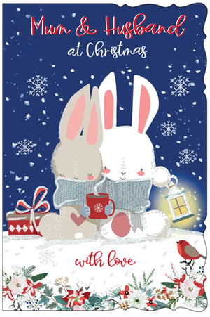 A Christmas card that says "Mum and husband" at Christmas with love.