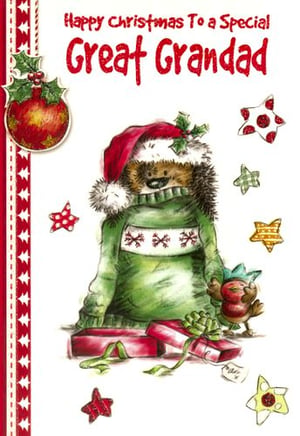 A Christmas card with a hedgehog wearing a Santa hat and sweater.