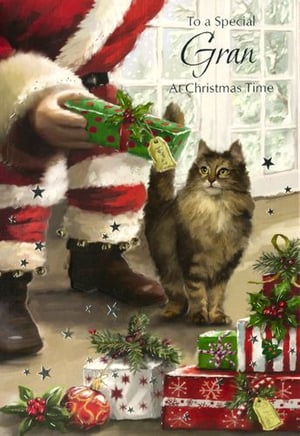 A Christmas card with a cat standing next to Santa Claus, holding a gift.